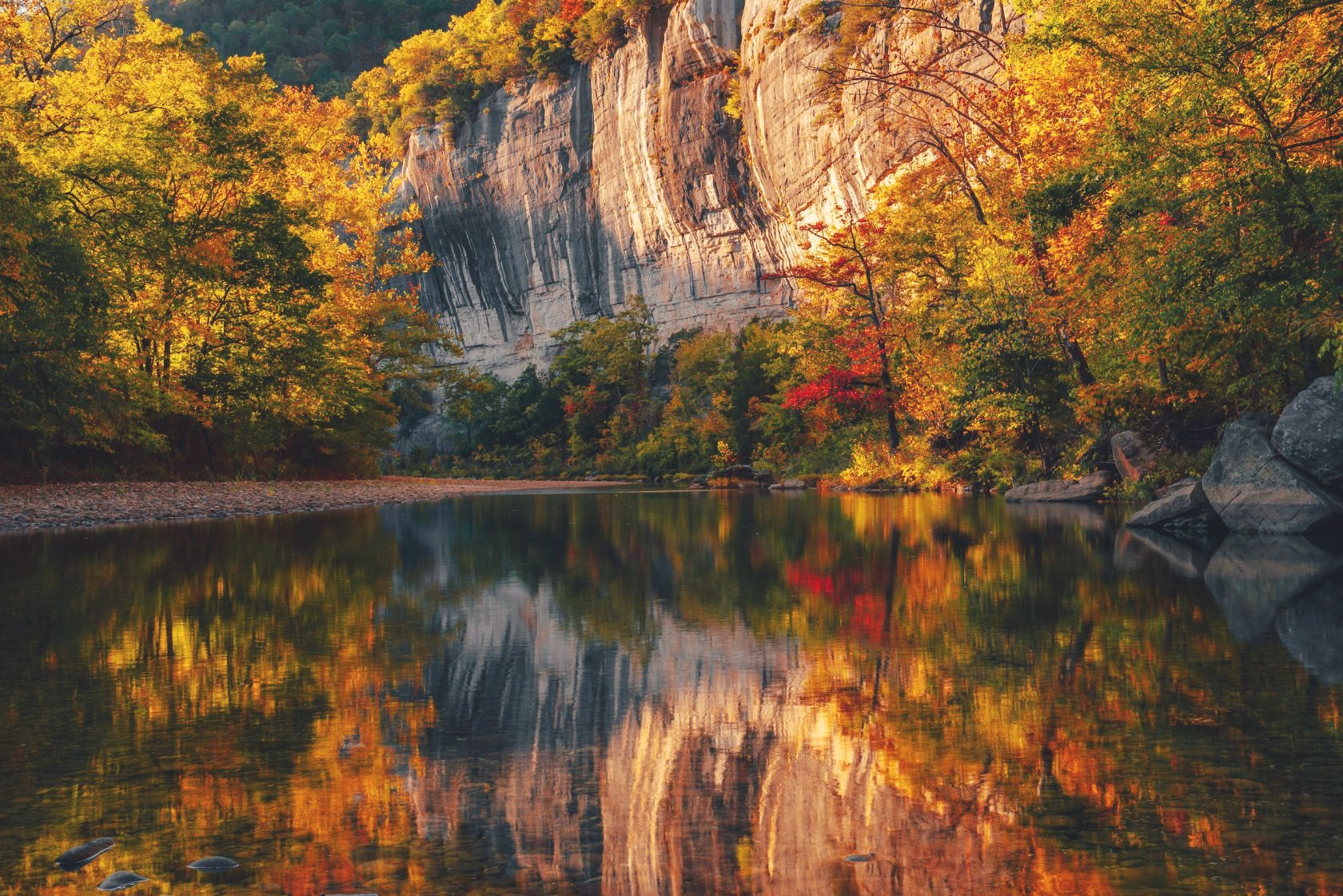 A tall river bluff and trees in gold and red fall color reflected in still water