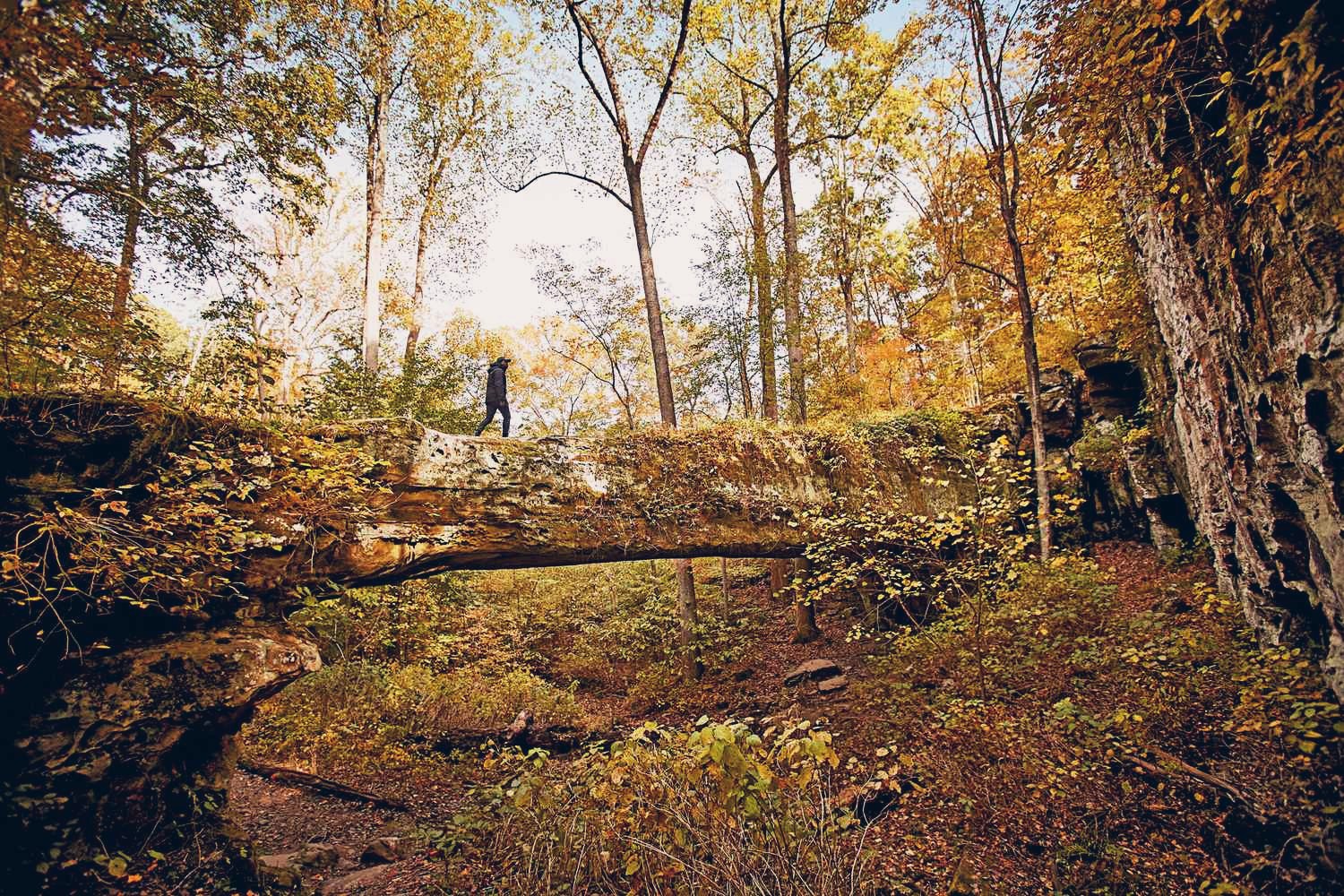 A hiker crossing a natural stone bridge in a forest in golden fall color